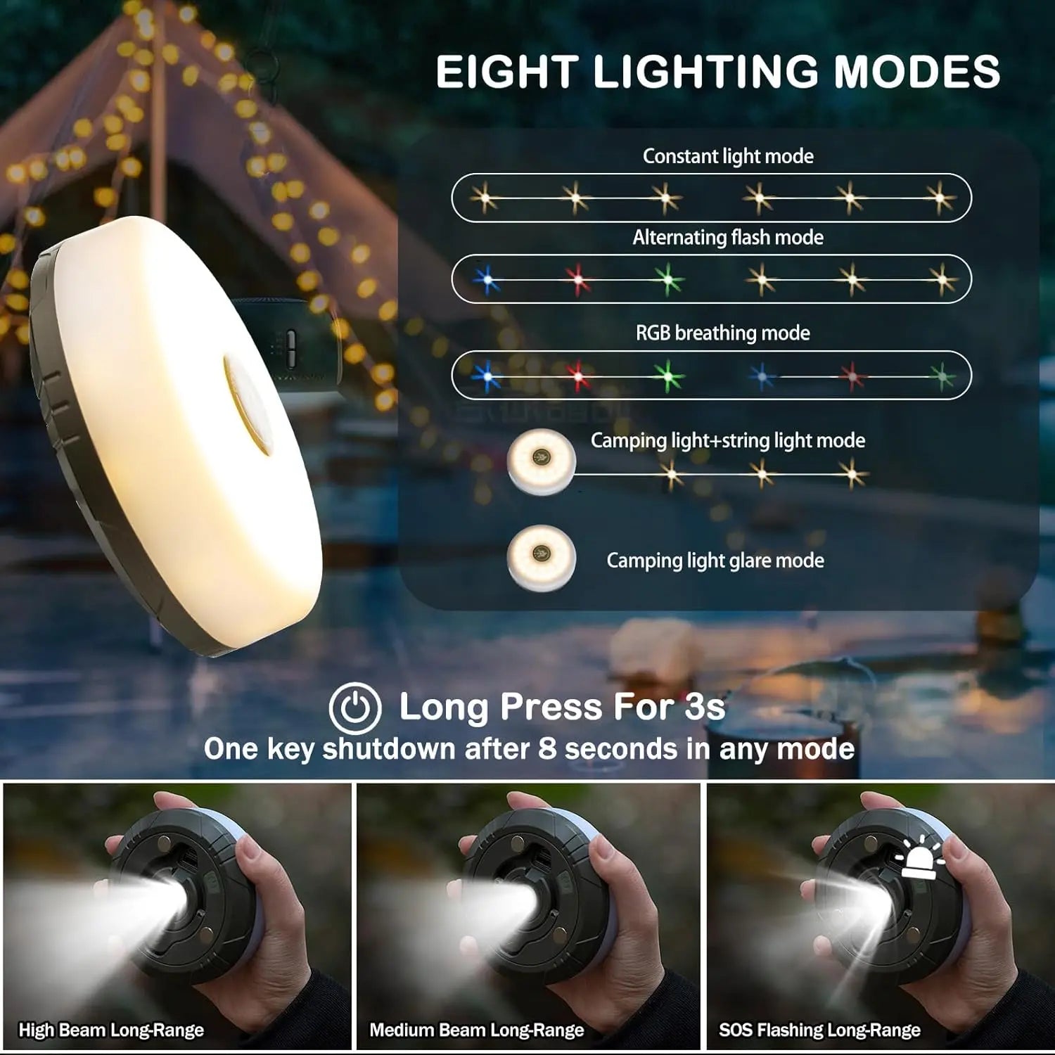 Camping String Lights, 4 in 1 Outdoor Camping Lights, 8 Lighting Modes (32.8 Feet), Waterproof, Type-C Fast Charging, Portable Camping Lights, Suitable for Camping/Yard/Hiking