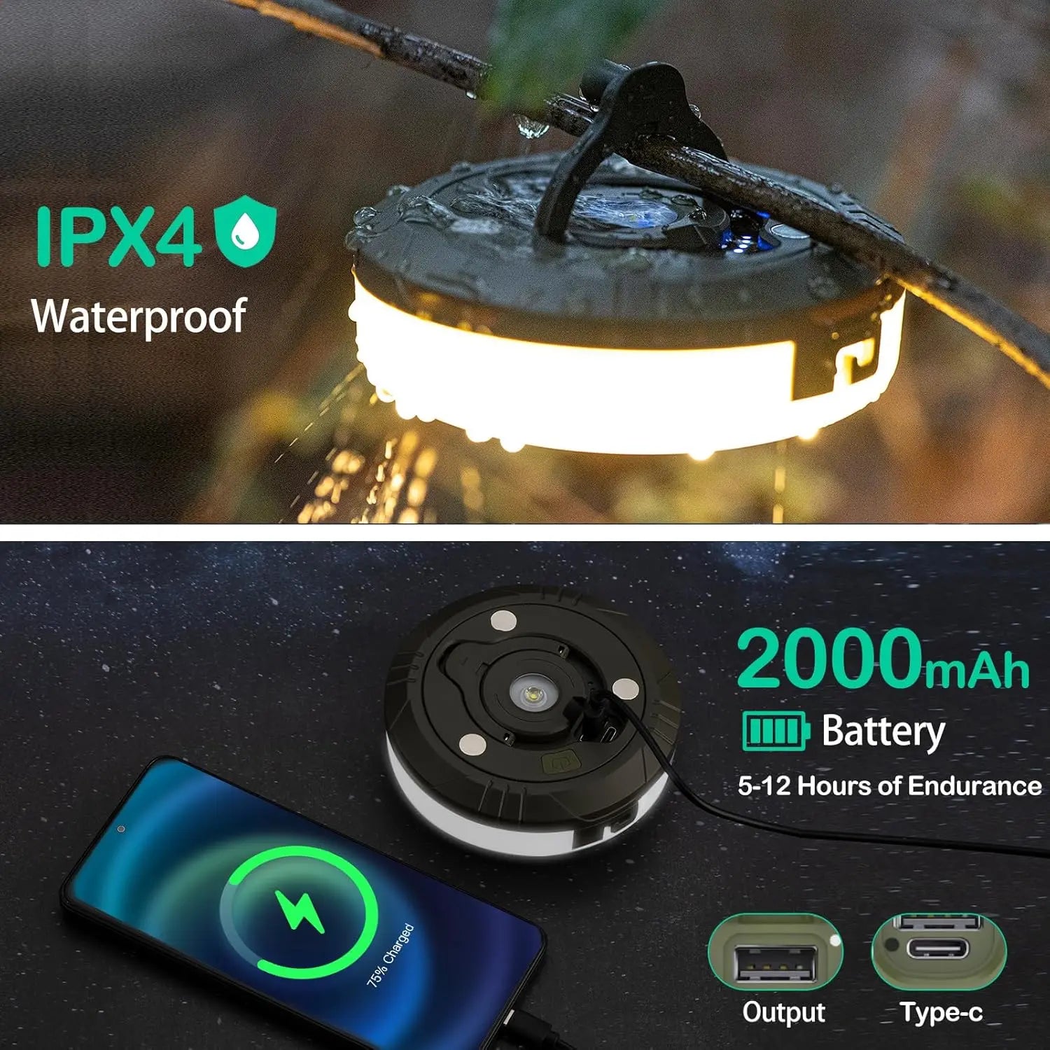 Camping String Lights, 4 in 1 Outdoor Camping Lights, 8 Lighting Modes (32.8 Feet), Waterproof, Type-C Fast Charging, Portable Camping Lights, Suitable for Camping/Yard/Hiking