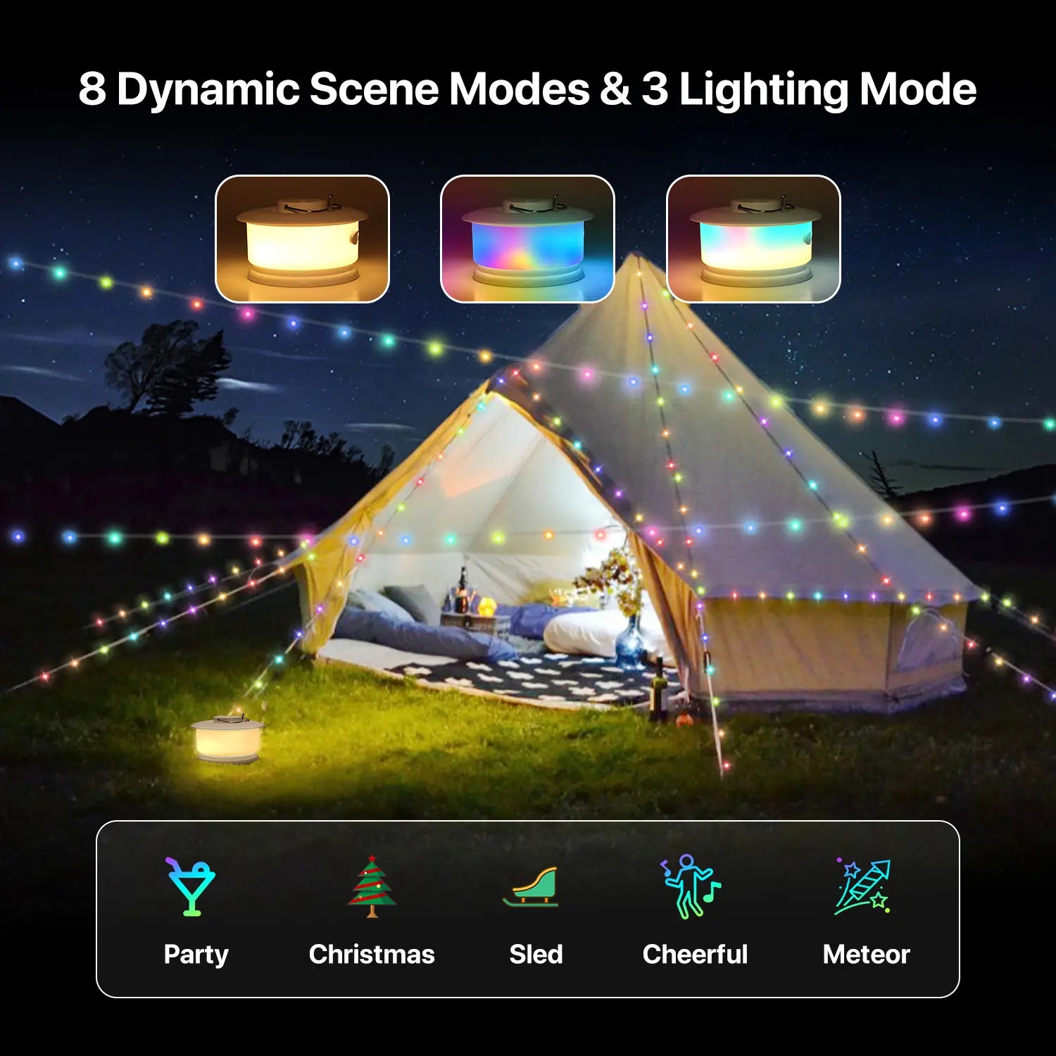 DEMILARE 2 in 1 Camping String Light, Quick Storage Portable Outdoor String Lights, 8 Flashing Modes and 4 Rhythm Modes Ambinet Light, 7 RGB Colors Tent Lights, Decorative Atomosphere Lights , LED String Light,Springglowup