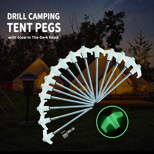 15X Heavy Duty Steel Screw / Drill Camping Tent Pegs with Glow in the Dark Head