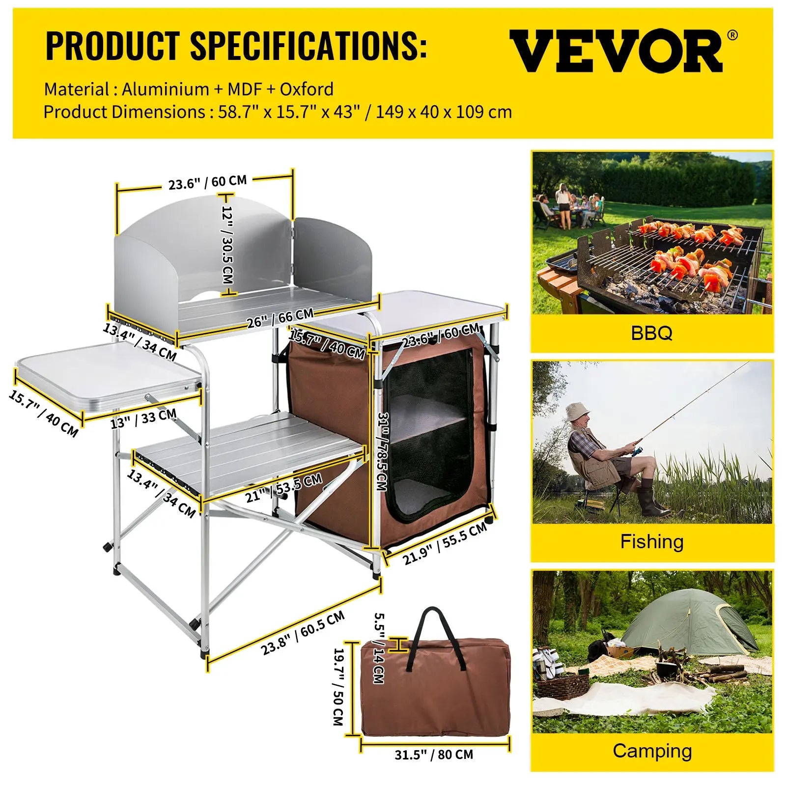 VEVOR Camping Kitchen Table, Tiktokshopblackfriday, Quick Set-Up Folding Camping Table, 3 Adjustable Heights, MDF Camping Table, Ideal for Outdoor Picnics, Bbqs, Camping, RV Traveling VEVOR Super Brand Day