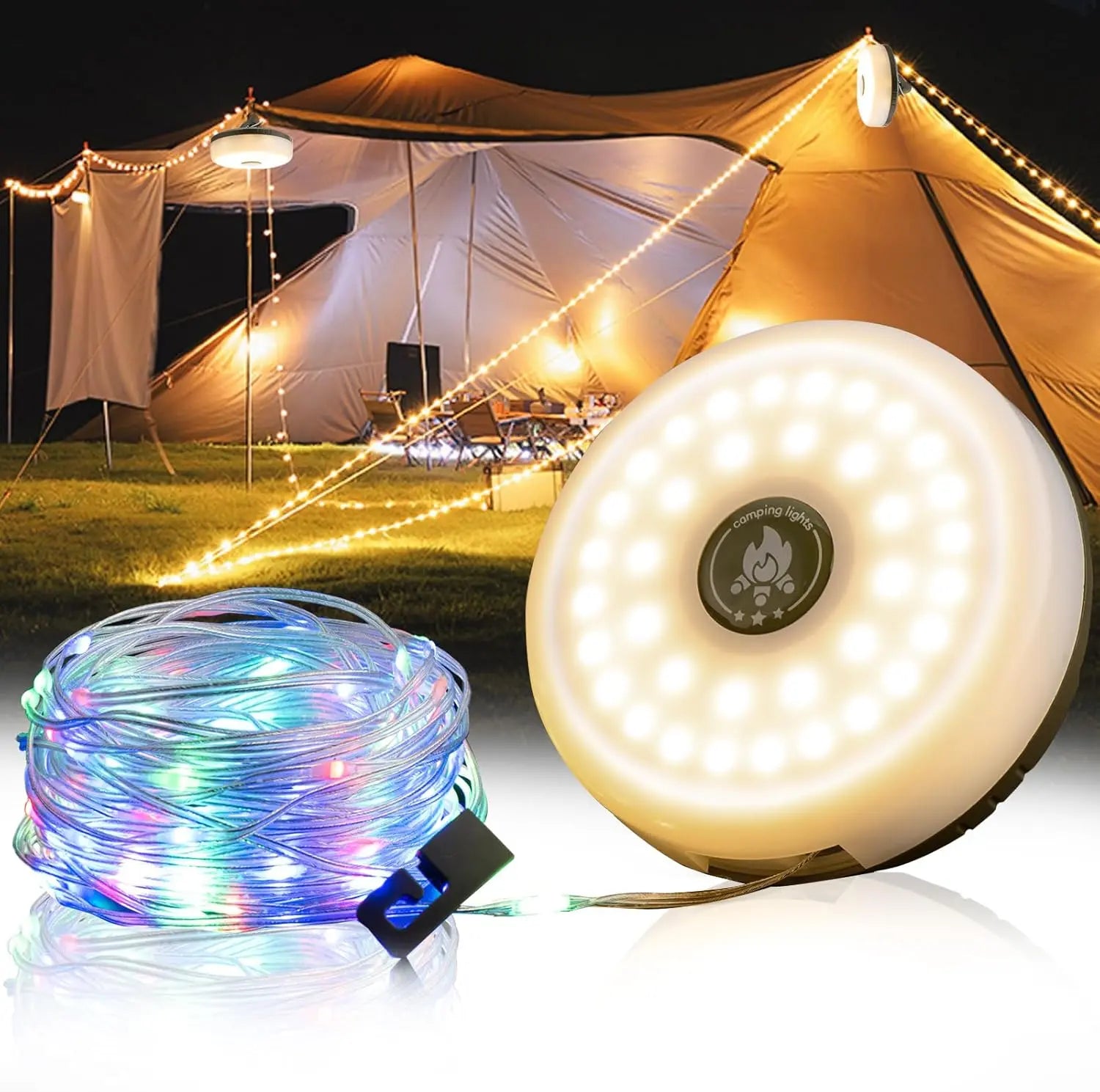 Camping String Lights, 4 in 1 Outdoor Camping Lights, 8 Lighting Modes (32.8 Feet), Waterproof, Type-C Fast Charging, Portable Camping Lights, Suitable for Camping/Yard/Hiking