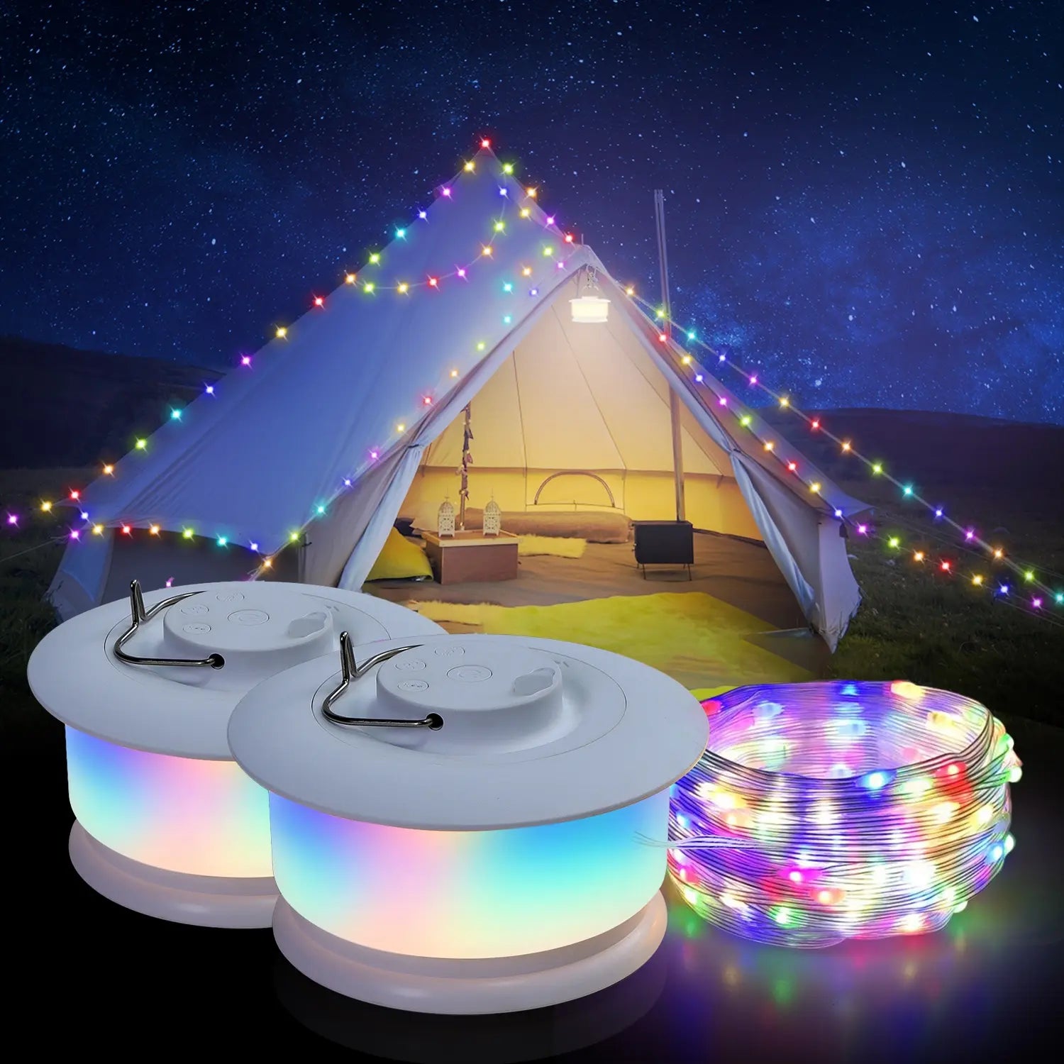 DEMILARE 2 in 1 Camping String Light, Quick Storage Portable Outdoor String Lights, 8 Flashing Modes and 4 Rhythm Modes Ambinet Light, 7 RGB Colors Tent Lights, Decorative Atomosphere Lights , LED String Light,Springglowup