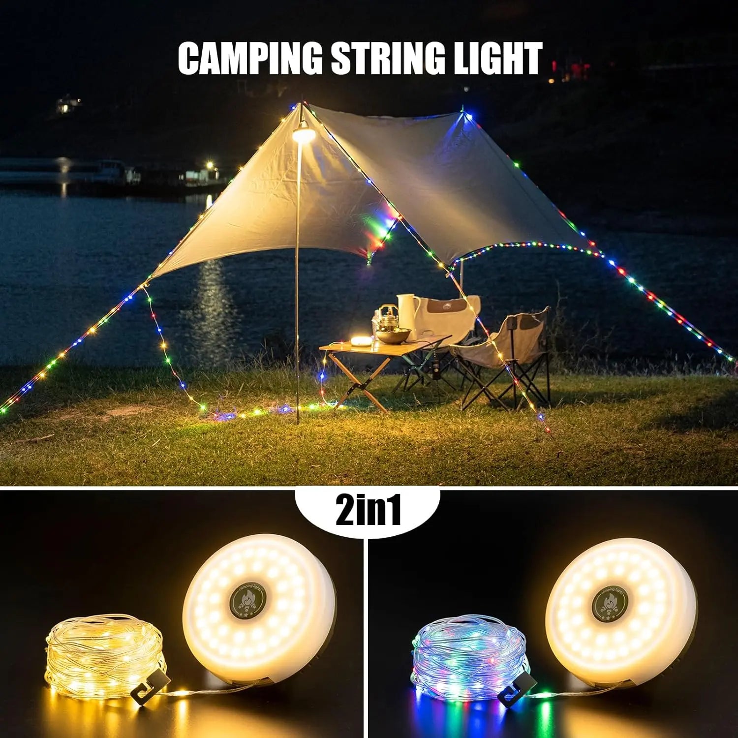 Camping String Lights, 4 in 1 Outdoor Camping Lights, 8 Lighting Modes (32.8 Feet), Waterproof, Type-C Fast Charging, Portable Camping Lights, Suitable for Camping/Yard/Hiking