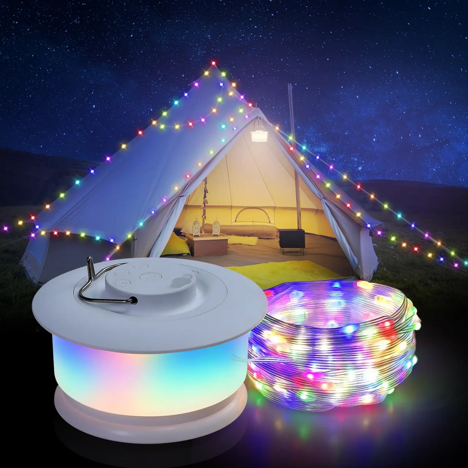 DEMILARE 2 in 1 Camping String Light, Quick Storage Portable Outdoor String Lights, 8 Flashing Modes and 4 Rhythm Modes Ambinet Light, 7 RGB Colors Tent Lights, Decorative Atomosphere Lights , LED String Light,Springglowup