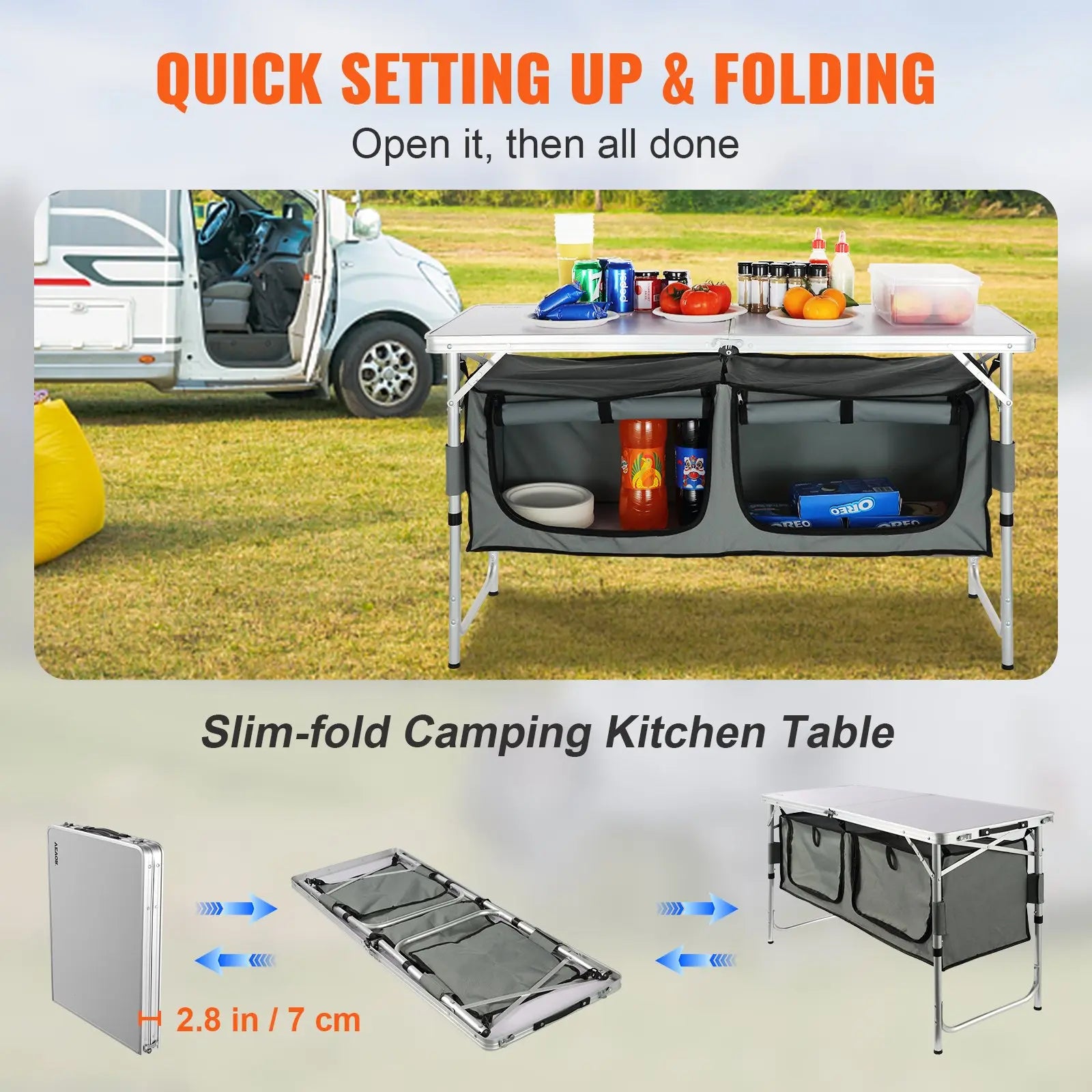 VEVOR Camping Kitchen Table, Tiktokshopblackfriday, Quick Set-Up Folding Camping Table, 3 Adjustable Heights, MDF Camping Table, Ideal for Outdoor Picnics, Bbqs, Camping, RV Traveling VEVOR Super Brand Day