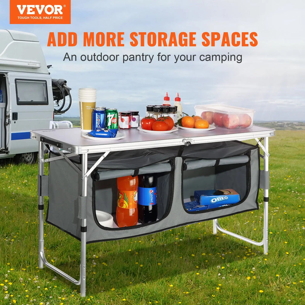 VEVOR Camping Kitchen Table, Tiktokshopblackfriday, Quick Set-Up Folding Camping Table, 3 Adjustable Heights, MDF Camping Table, Ideal for Outdoor Picnics, Bbqs, Camping, RV Traveling VEVOR Super Brand Day